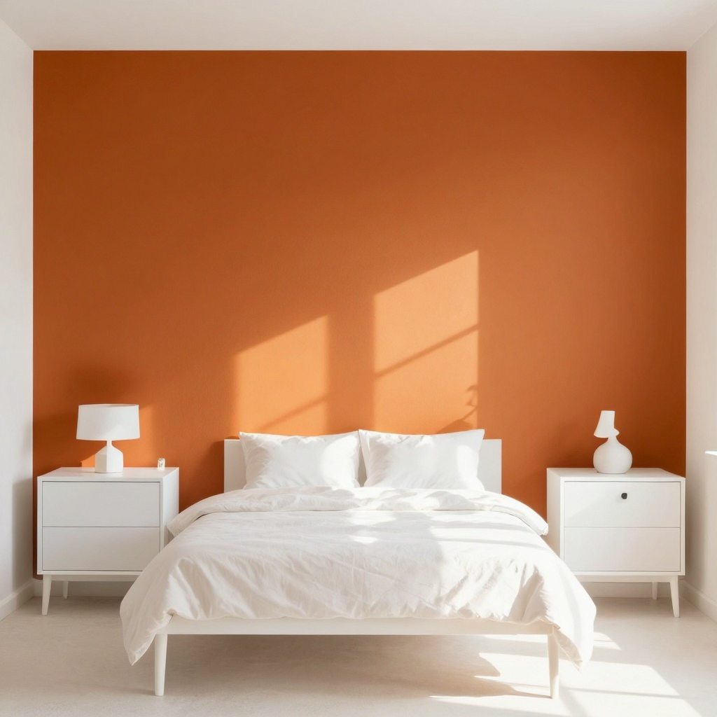 A bedroom wall painted in #FF6B35 (burnt orange) with white 