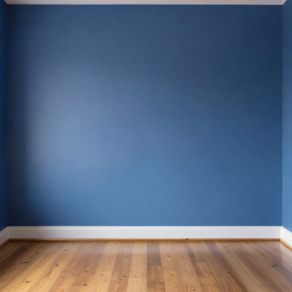 A room with walls in #4A90D9 (medium blue) with warm wooden 