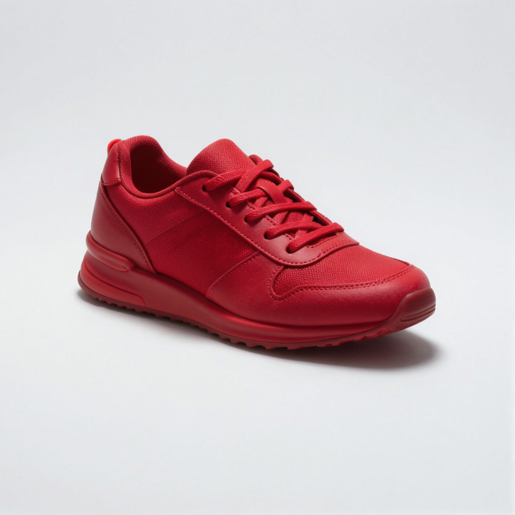 A single red sneaker on a clean white background with soft s