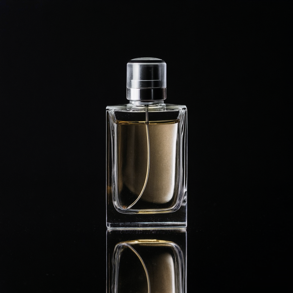 A clear glass perfume bottle on a reflective black surface w