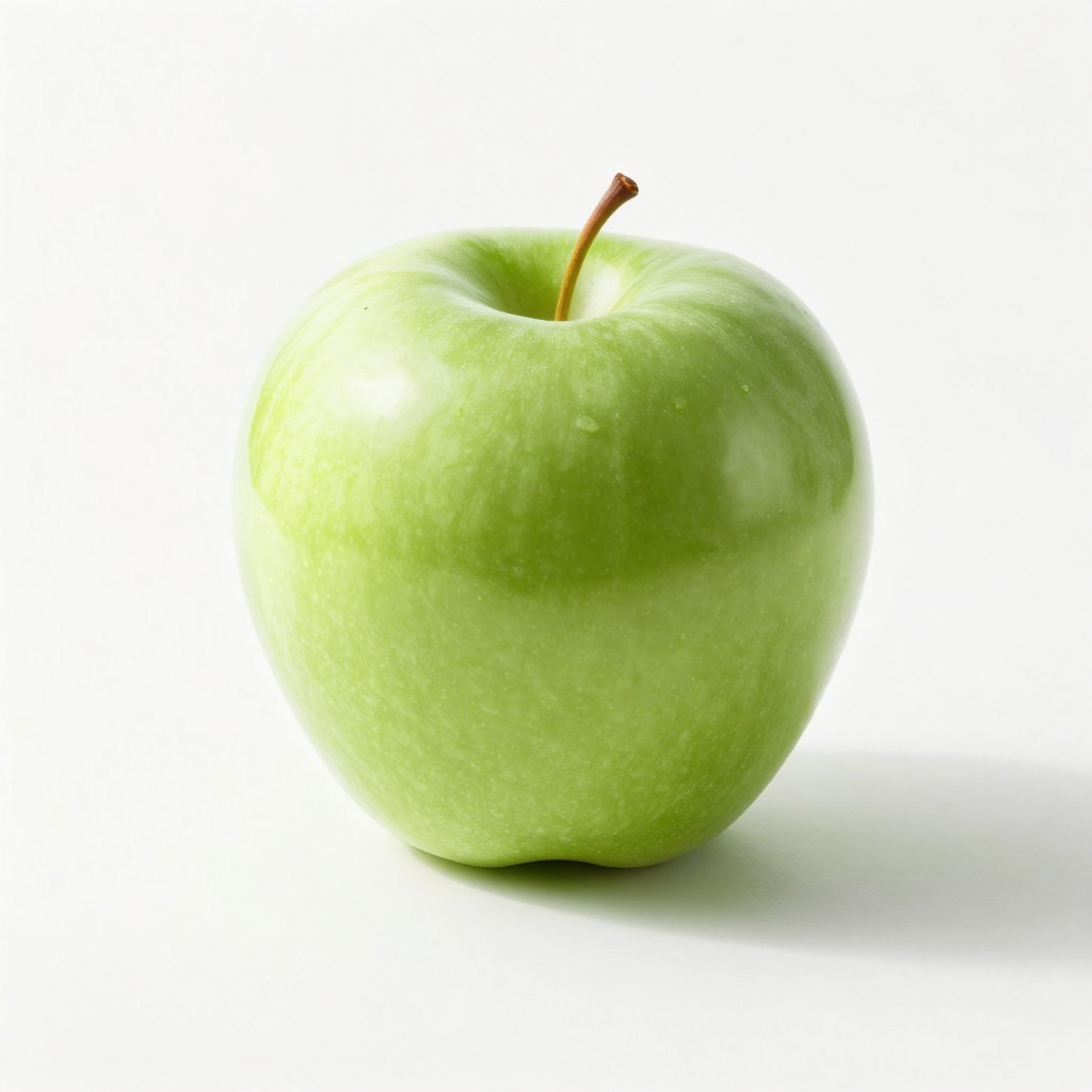 A ripe green apple on a seamless white background with soft 