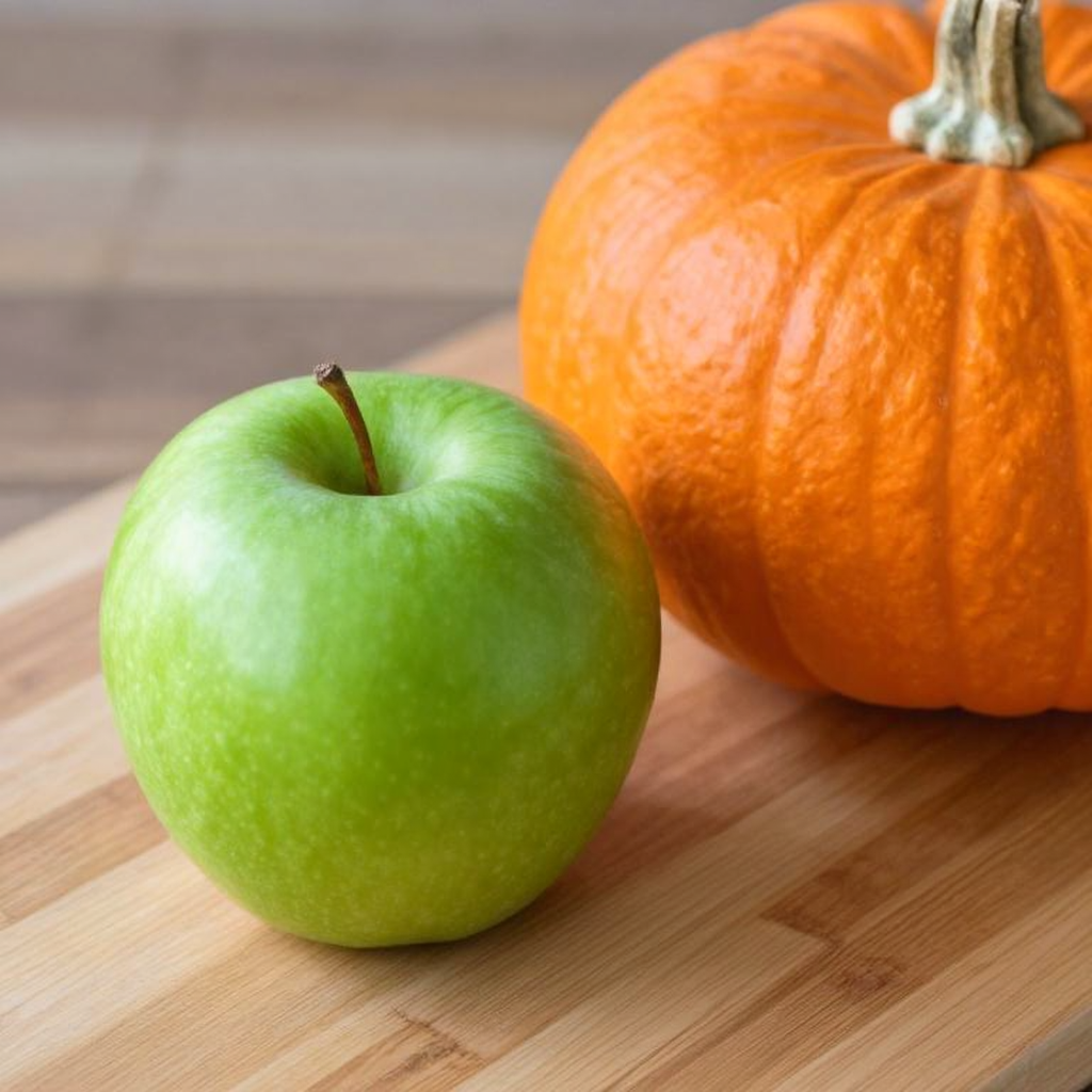 A green apple and an orange pumpkin on a wooden cutting boar