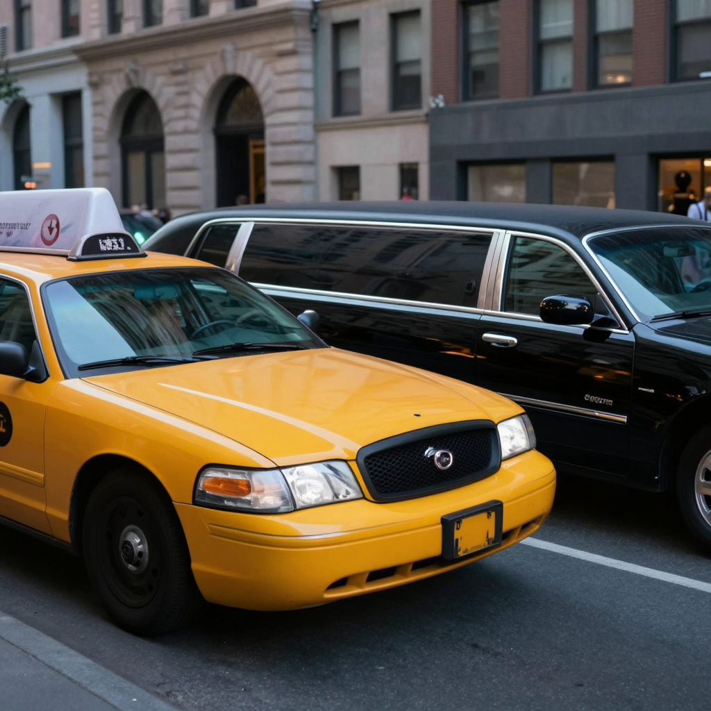 A yellow taxi and a black limousine parked next to each othe