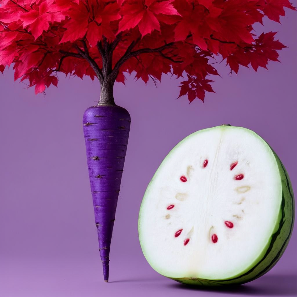 A purple carrot, a red tree with red leaves, and a white wat