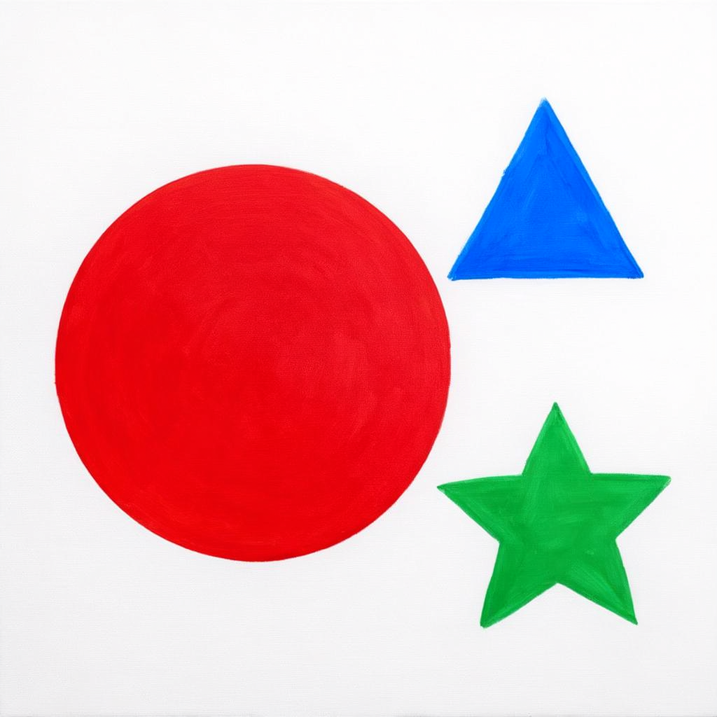 A large red circle, a small blue triangle, and a medium gree