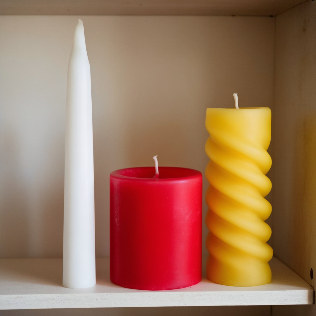 A tall thin white candle, a short fat red candle, and a medi