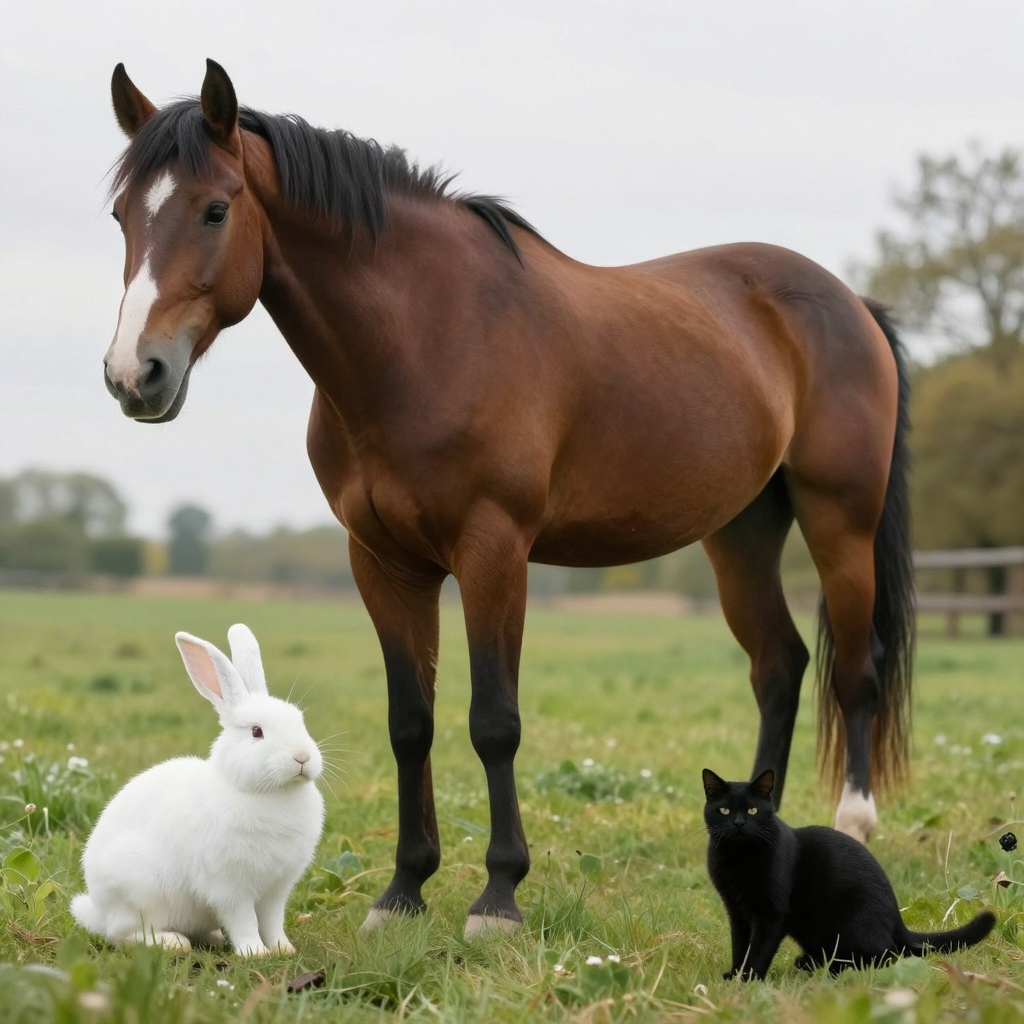 A big brown horse, a small white rabbit, and a medium-sized 