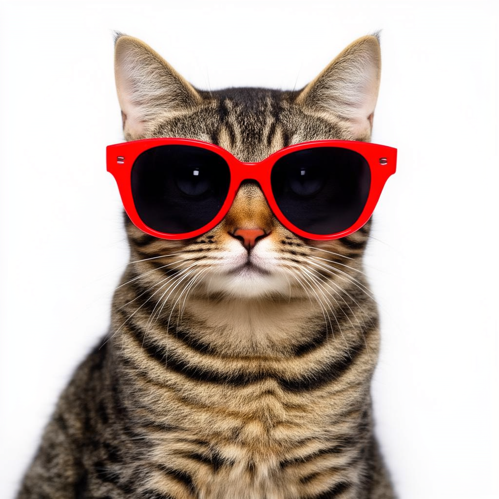 A tabby cat wearing oversized red sunglasses