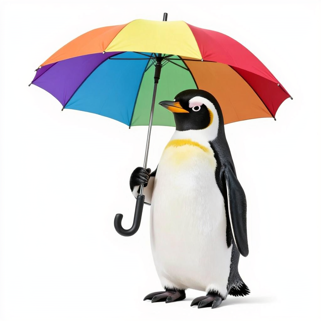 A penguin holding a colorful umbrella