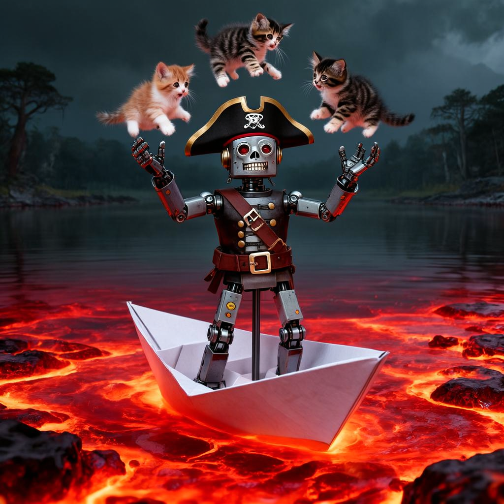 A robot dressed as a pirate sailing a paper boat on a lake o
