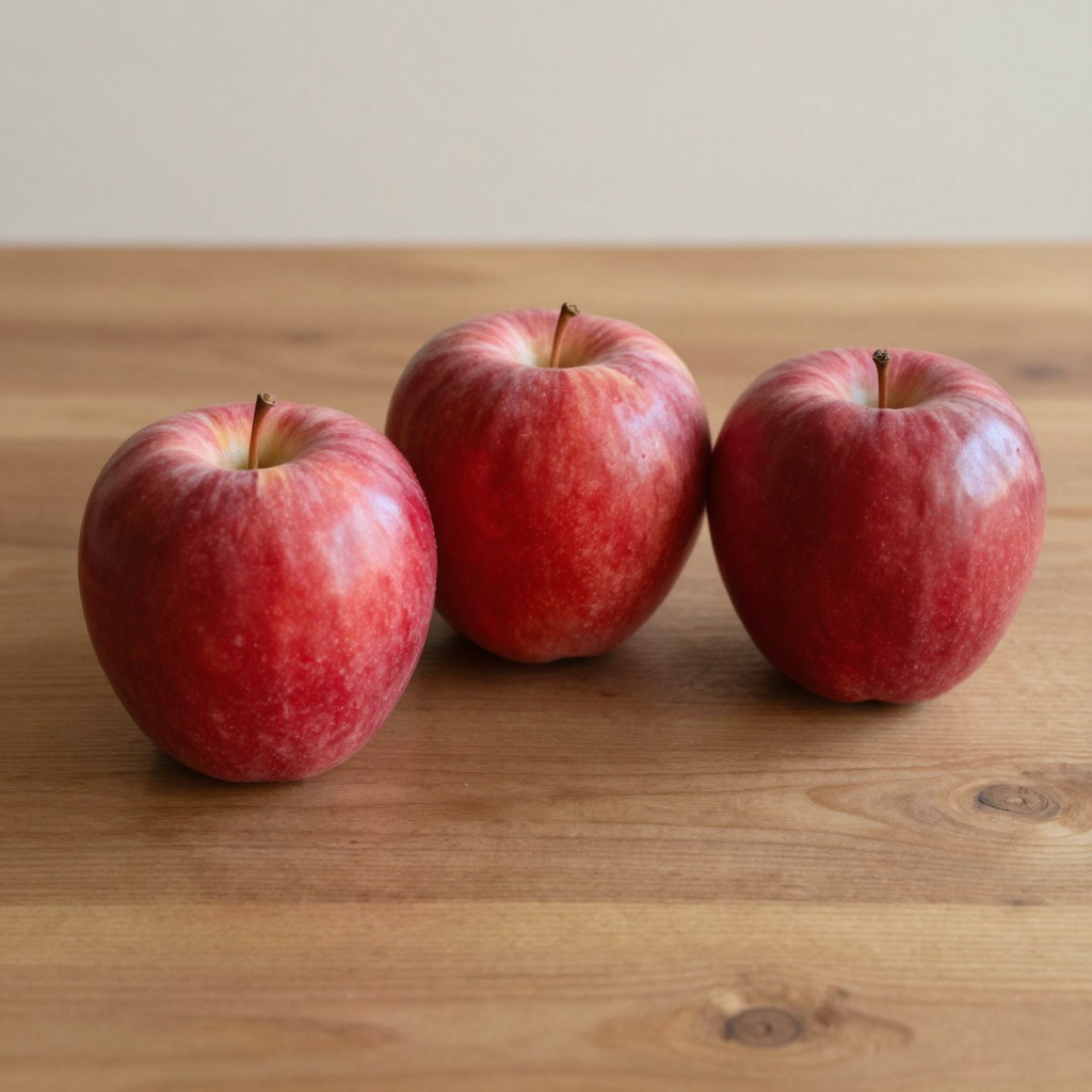 Exactly 3 red apples arranged on a wooden table