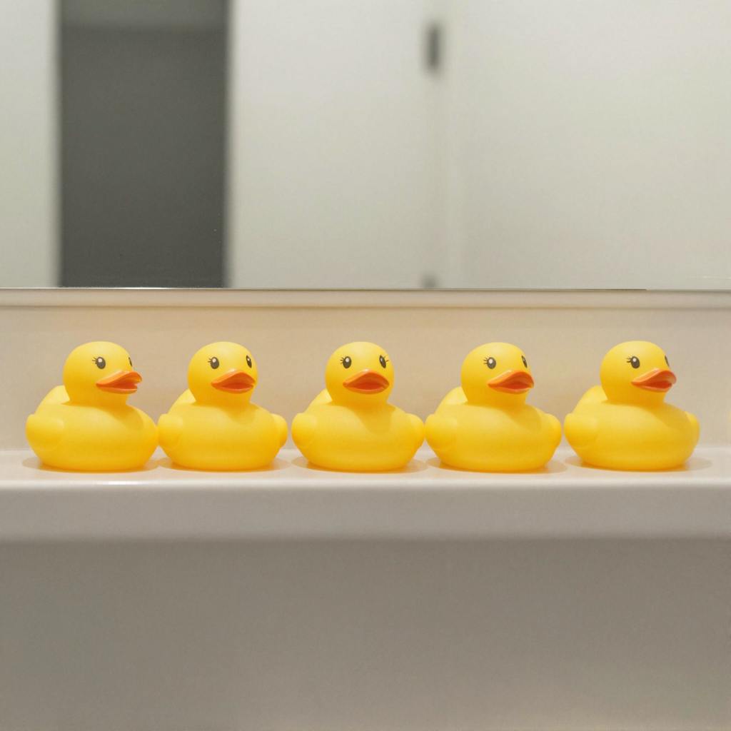 Exactly 5 yellow rubber ducks sitting in a row on a bathroom