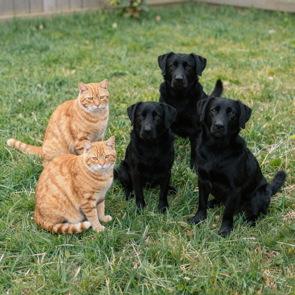 2 orange cats and 3 black dogs sitting together on a grassy 