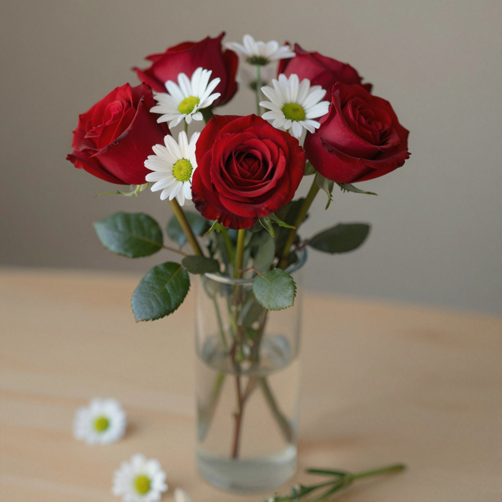 4 red roses and 2 white daisies in a glass vase on a table