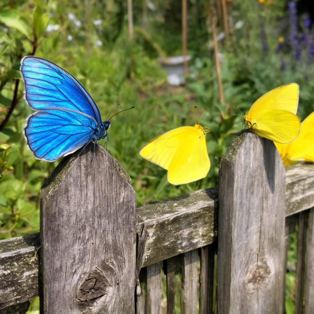 1 blue butterfly and 3 yellow butterflies resting on a garde