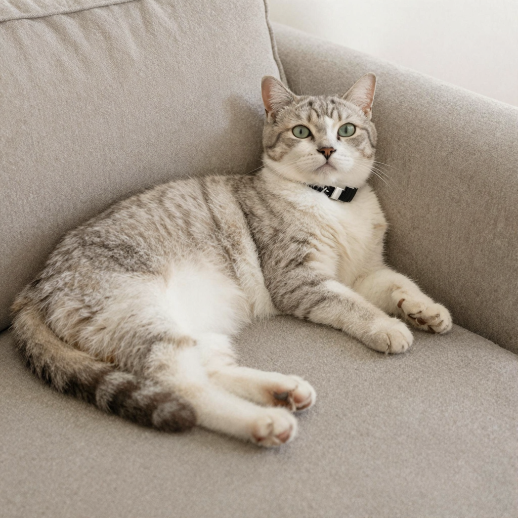 A cat lying on a couch without a collar