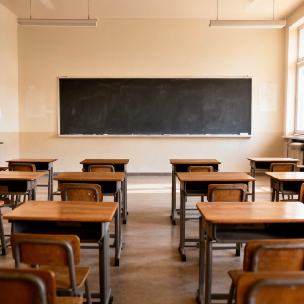 A classroom with desks and a chalkboard but no students