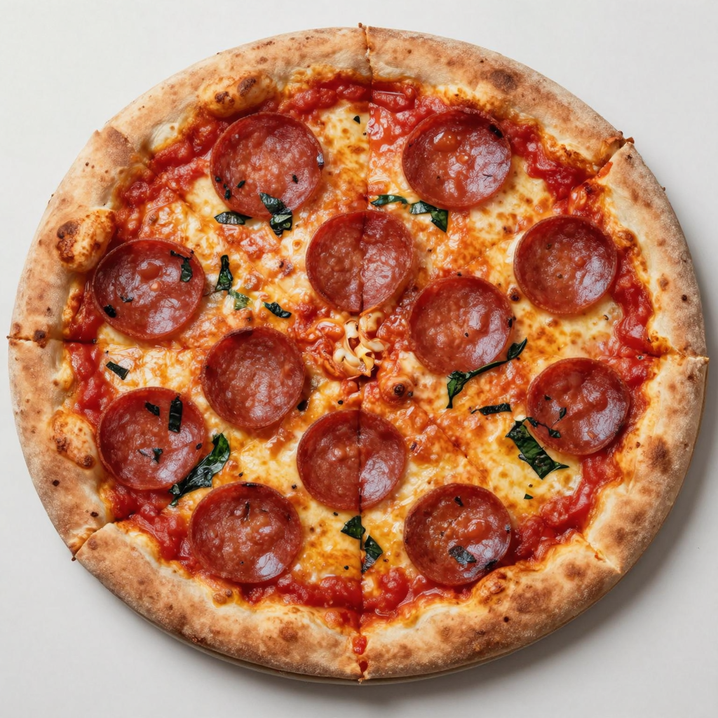 A pepperoni pizza with tomato sauce, basil, and crust but ab