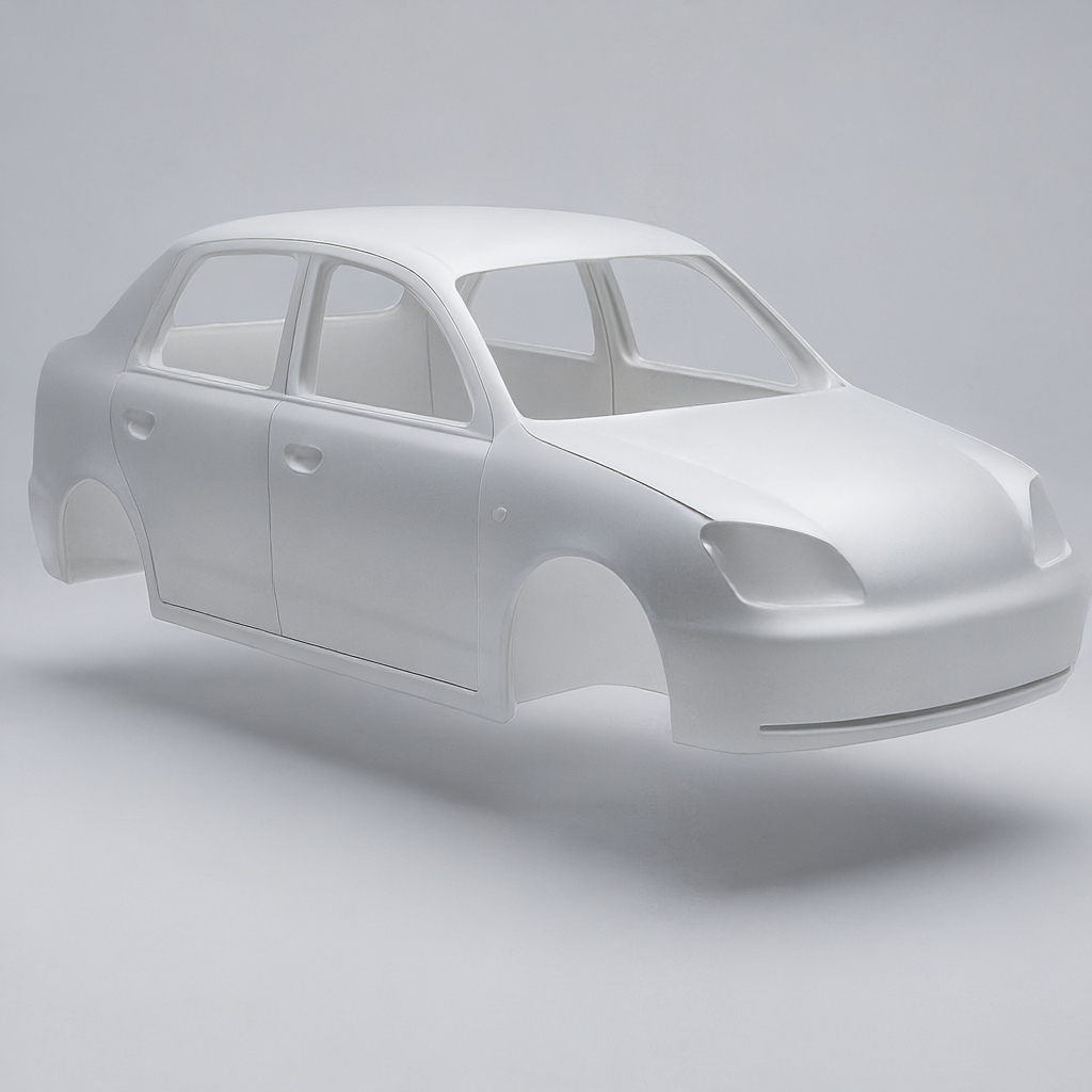 A car body with windows, doors, and headlights but no wheels