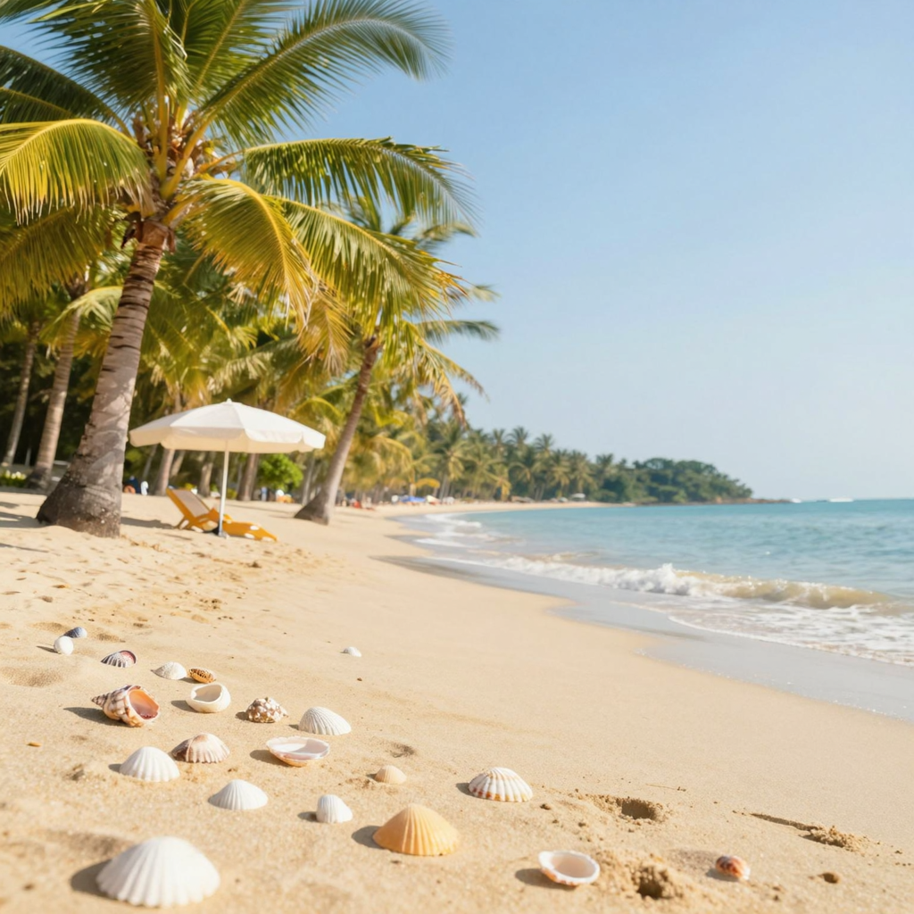 A sandy beach with palm trees, seashells, and a beach umbrel