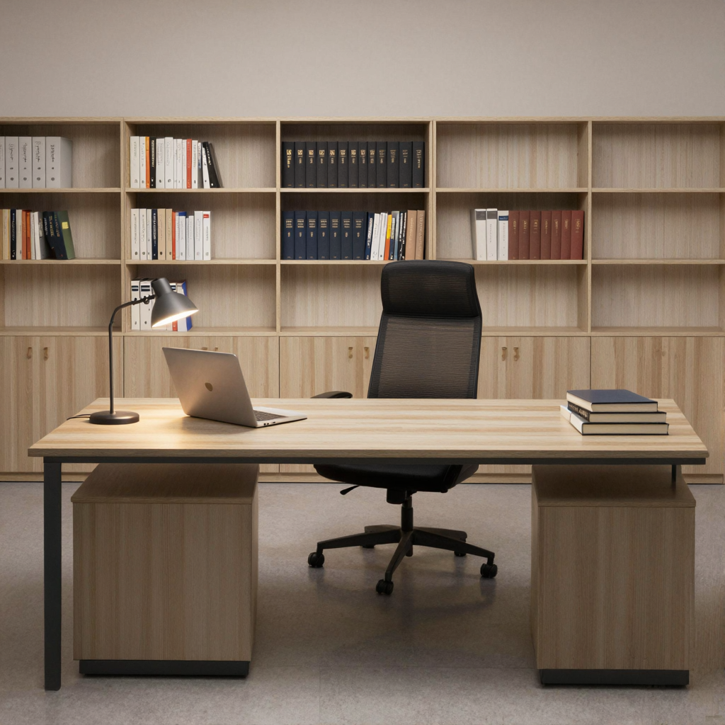 An office workspace with a desk, chair, bookshelf, and lamp 