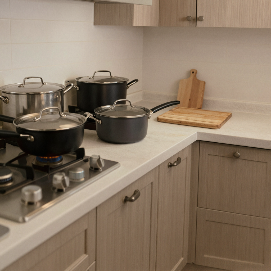 A kitchen with pots, pans, a stove, and a cutting board but 
