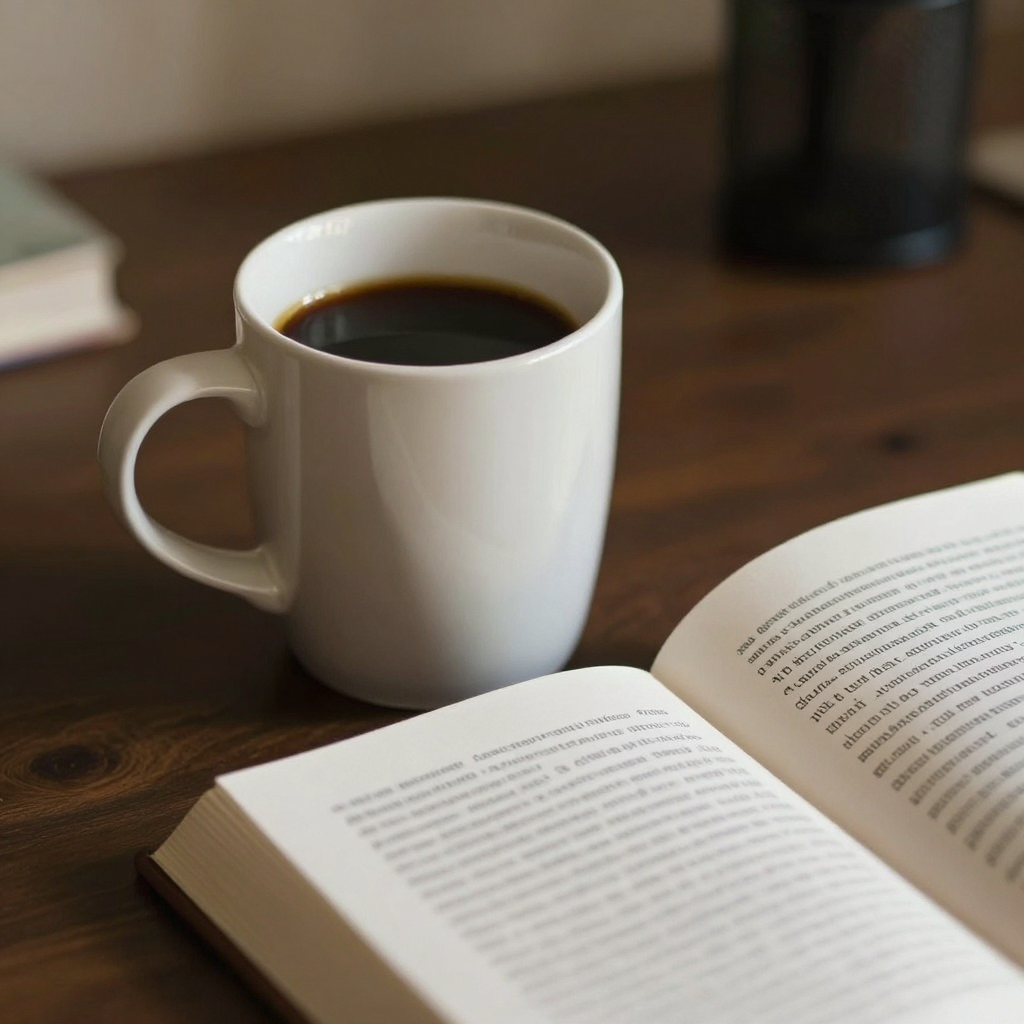 A coffee mug next to an open book on a desk