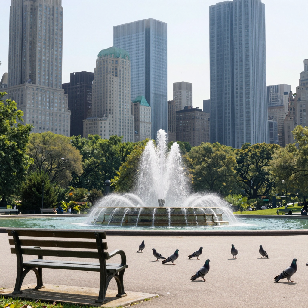 A city park with a park bench and pigeons in the foreground,