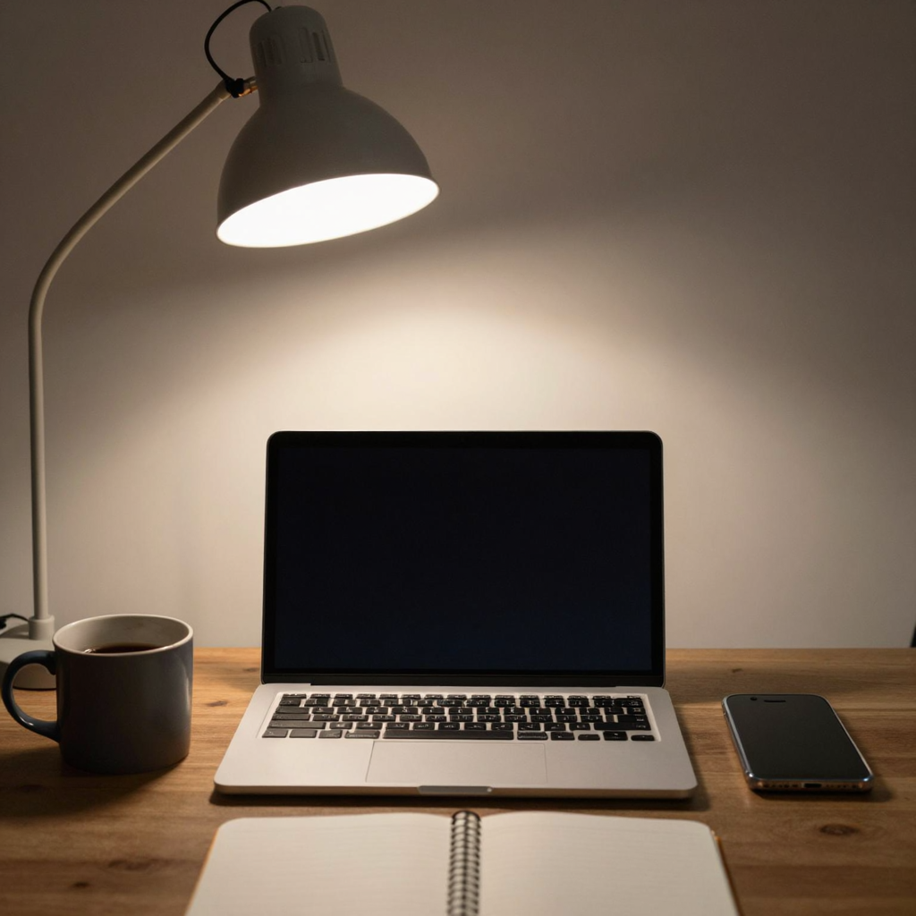 A desk scene: laptop in the center, coffee mug to the left, 
