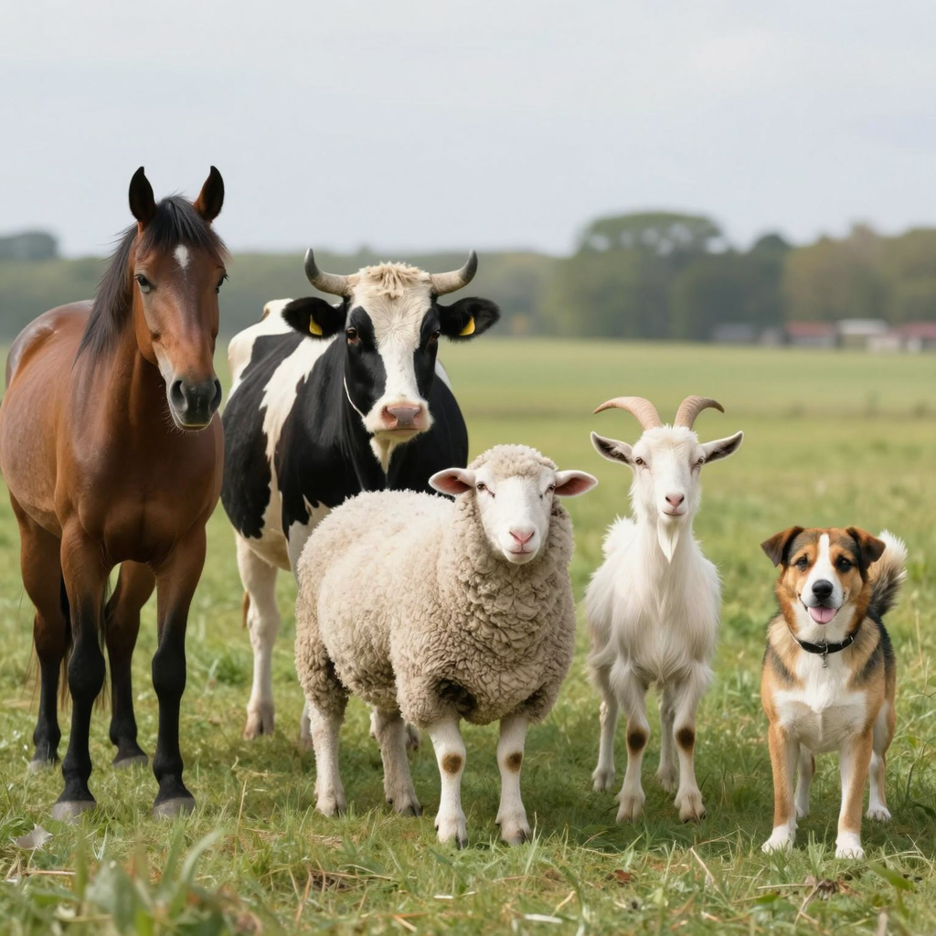 Five animals in a field: a horse on the far left, a cow to t