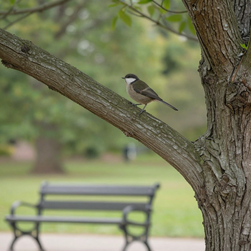 A bird perched on a branch, the branch extending from a tree
