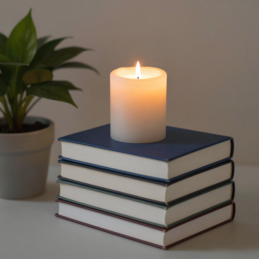 A candle on top of a stack of books, the books next to a pot