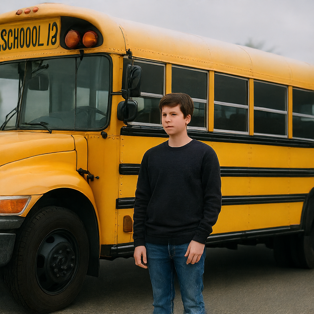 A person standing next to a yellow school bus, showing reali