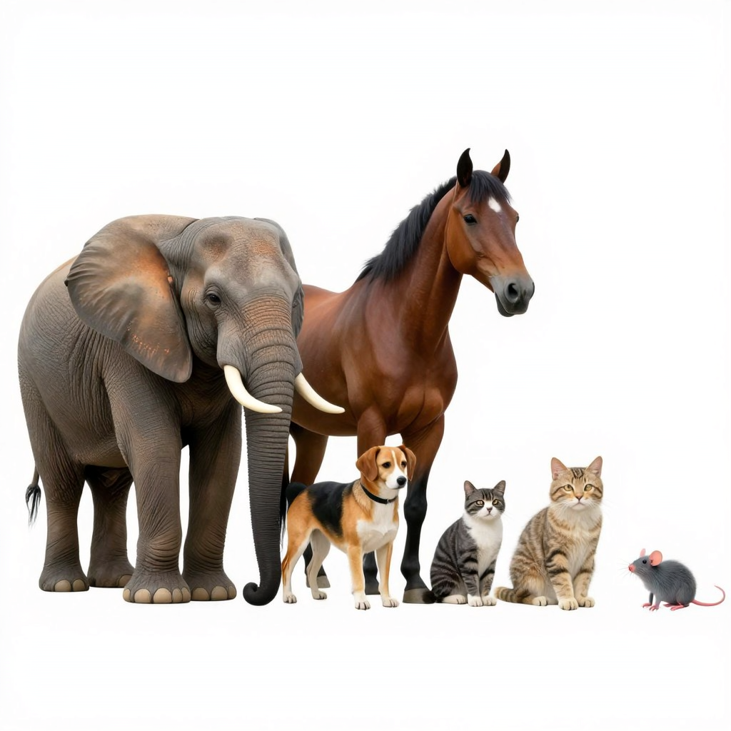 A group photo of an elephant, a horse, a dog, a cat, and a m