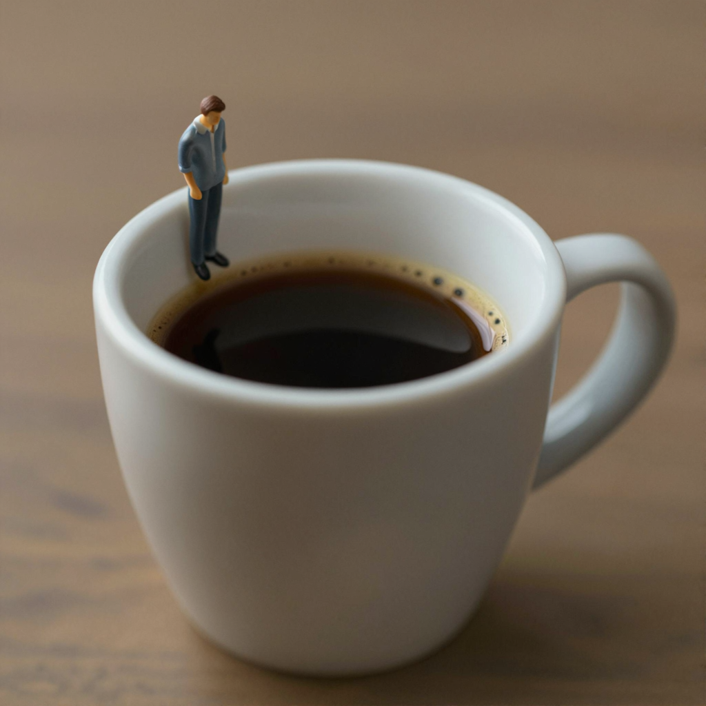 A tiny person standing on the rim of a coffee cup, looking d