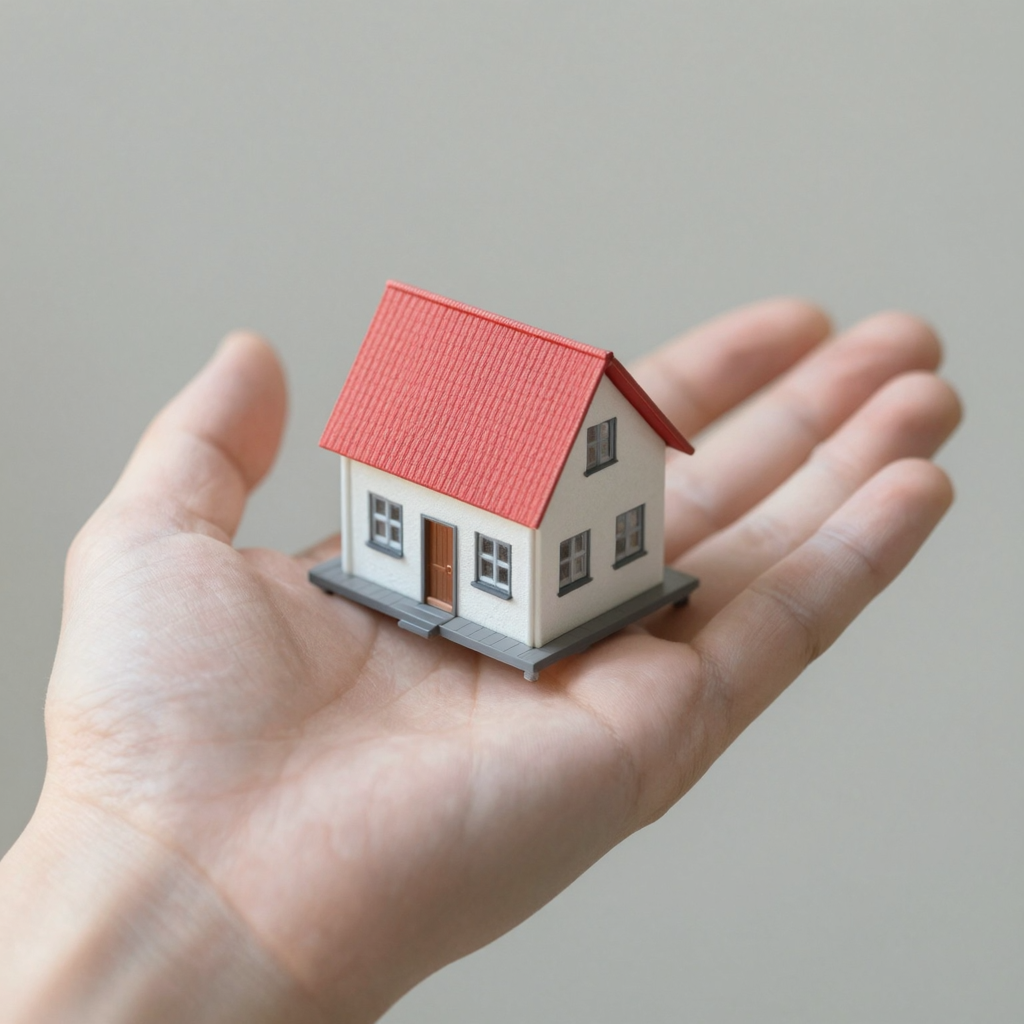 A miniature house sitting on the palm of someone's hand