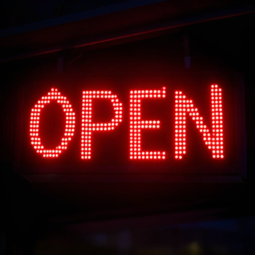 The word 'OPEN' displayed on a red LED sign with glowing pix
