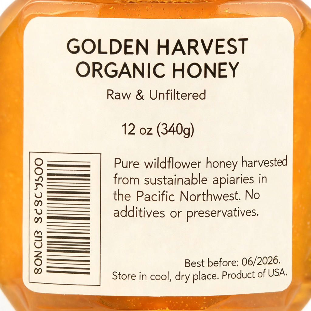 A product label for 'GOLDEN HARVEST ORGANIC HONEY' with subt