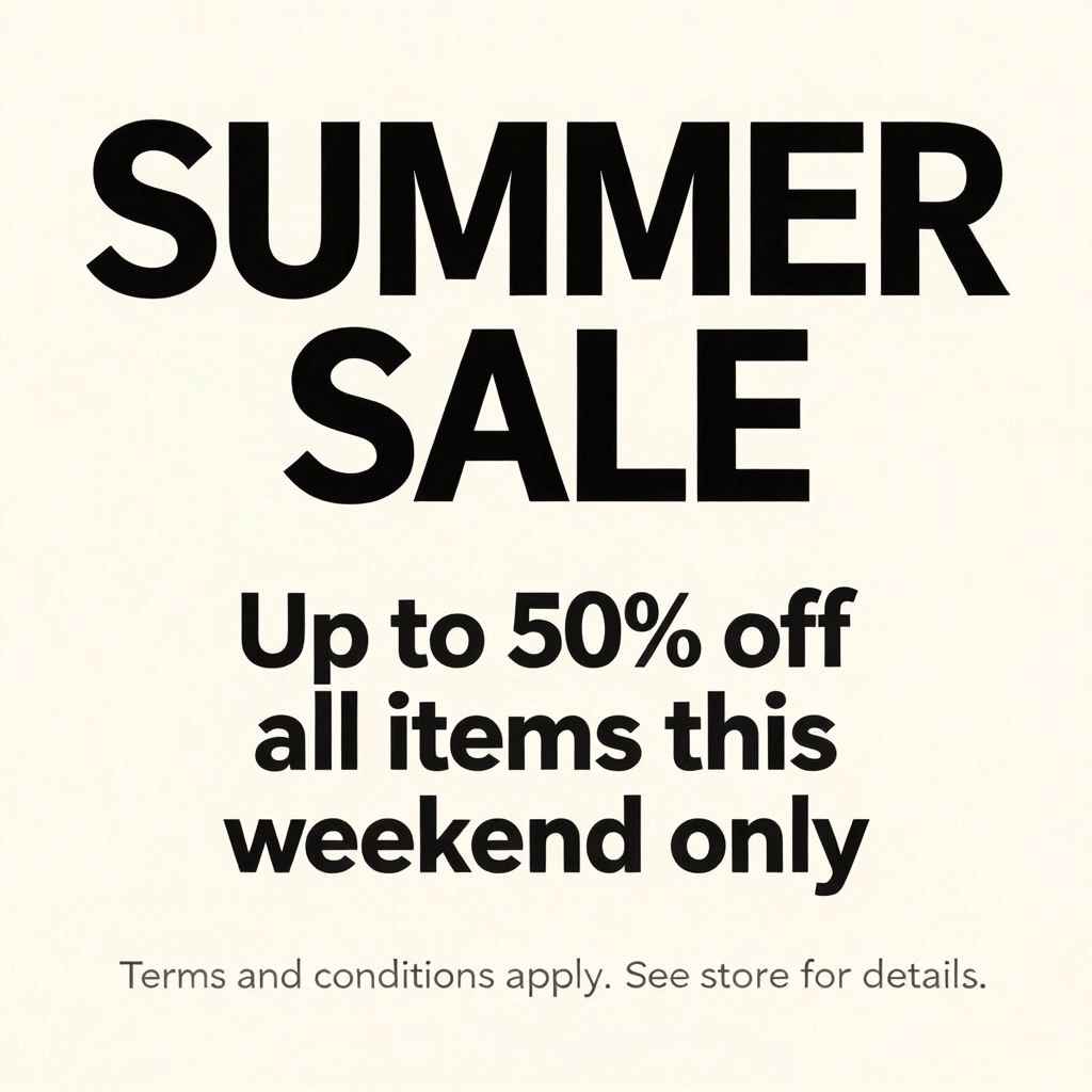 A poster with headline 'SUMMER SALE' in large bold text, bod