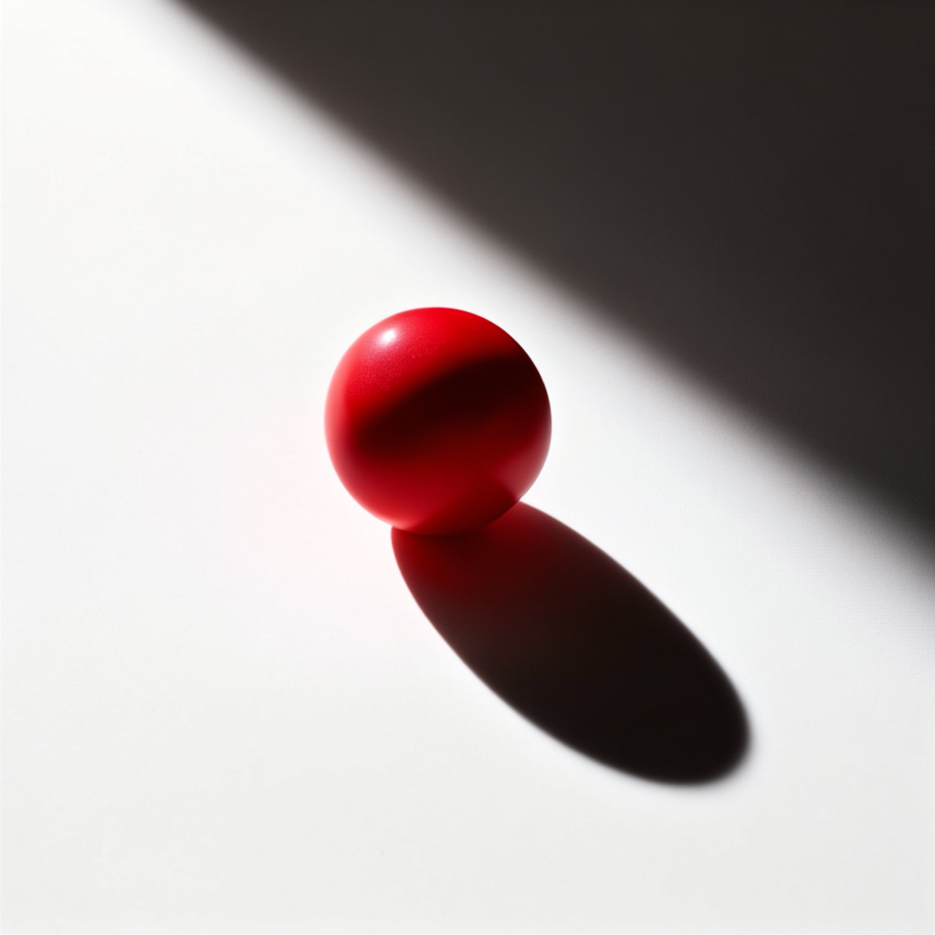 A red sphere on a white surface with a single shadow cast to
