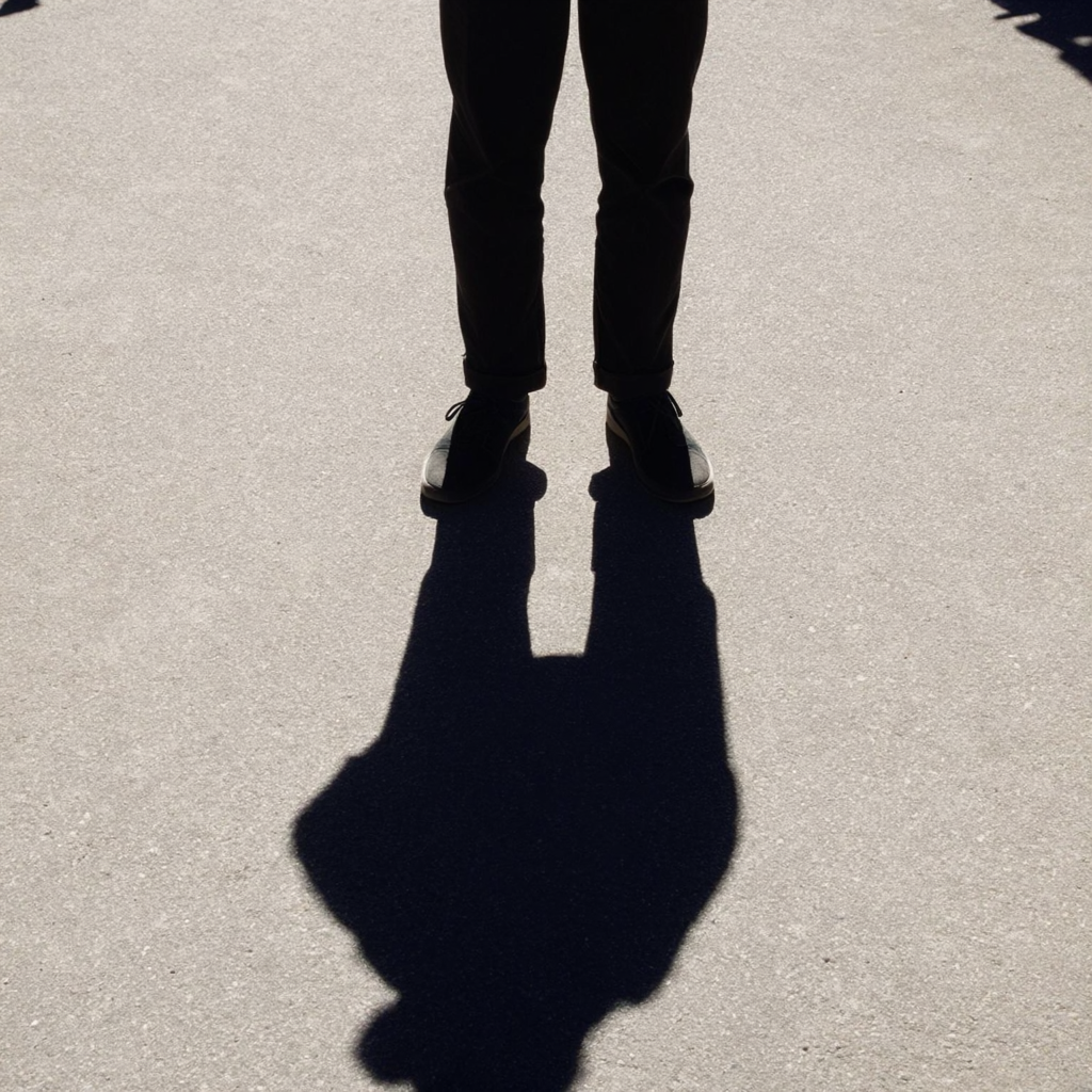 A person standing outdoors at midday with a short shadow dir