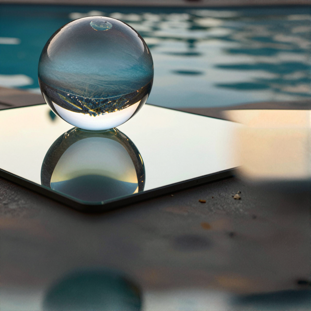A clear glass sphere sitting on a mirror surface near a pool