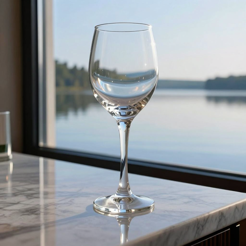 A crystal wine glass on a polished marble counter next to a 