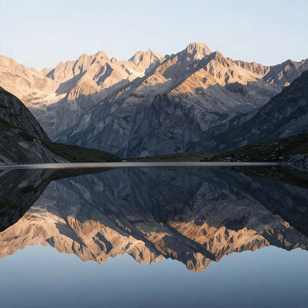 A mountain range reflected in a still alpine lake, with the 