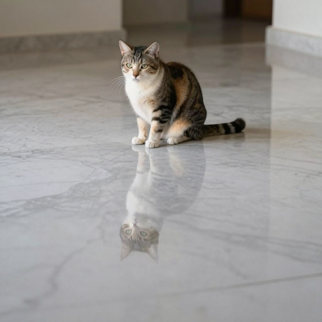 A cat sitting on a polished marble floor with its reflection