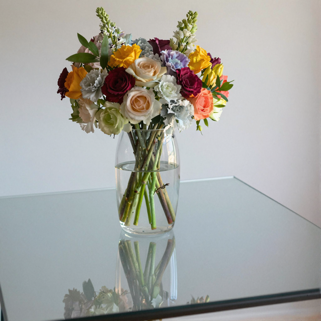 A vase of flowers on a glass table with a clear reflection v