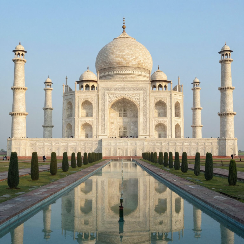 The Taj Mahal in Agra seen from the reflecting pool, with ac