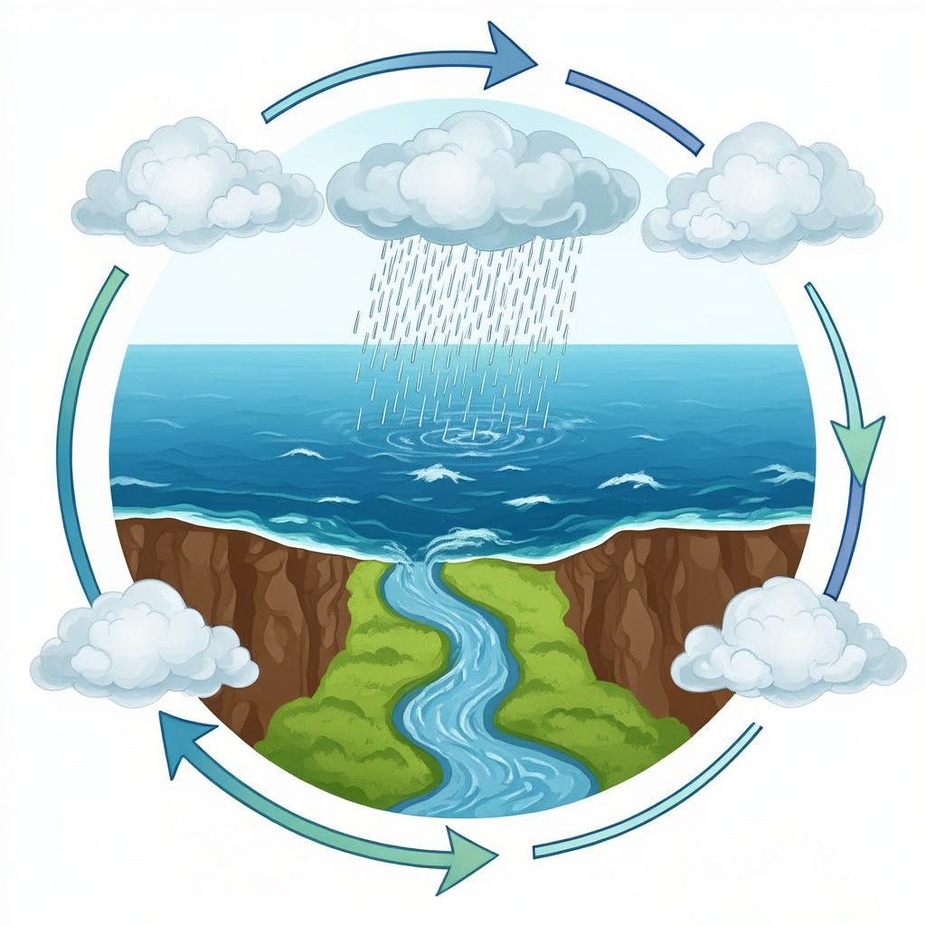 A detailed diagram of the water cycle showing evaporation fr