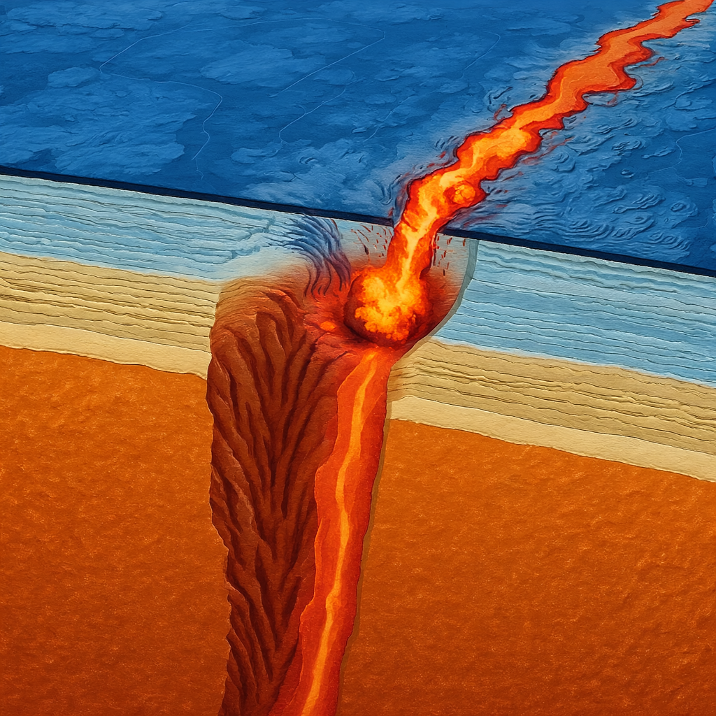 A cross-section showing tectonic plates at a convergent boun