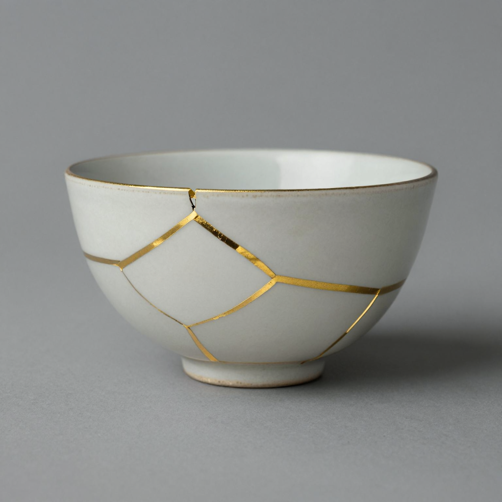 A Japanese kintsugi bowl — cracked ceramic repaired with vis